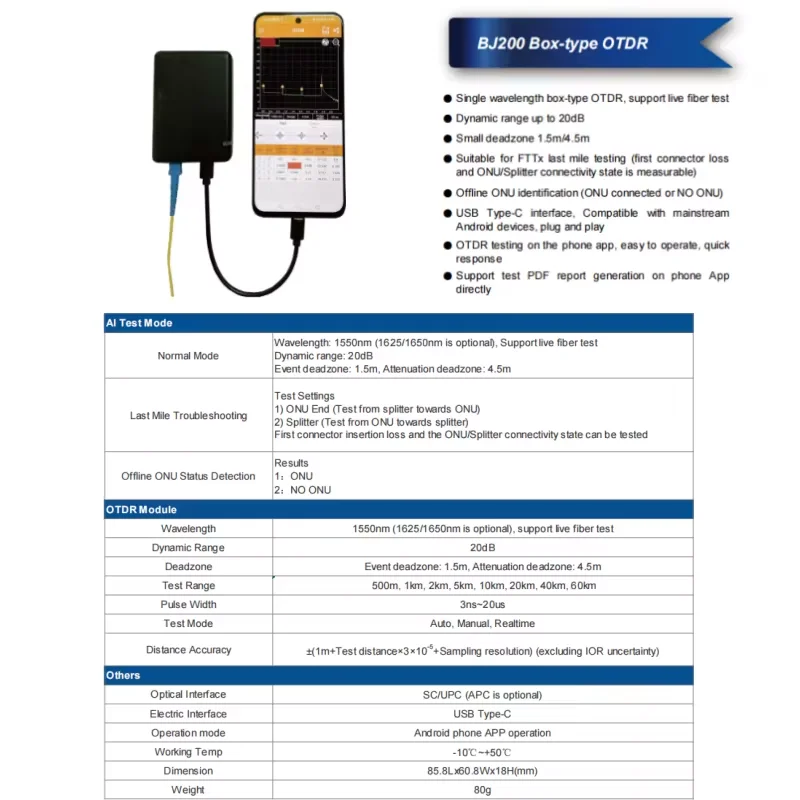 Оптический рефлектометр OTDR Box Type BJ200 с поддержкой тестирования активных волокон 1550нм1650нм 20дБ, Plug and Play, MINI OTDR, малая мертвая зона 1.5м4.5м, совместим с Android (art.: 3920d9bfec33e) - 3920d9bfec33e
