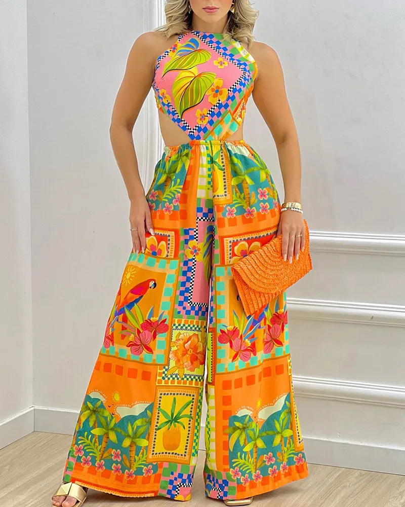 

Tropical Print Sleeveless Cutout Wide Leg Jumpsuit