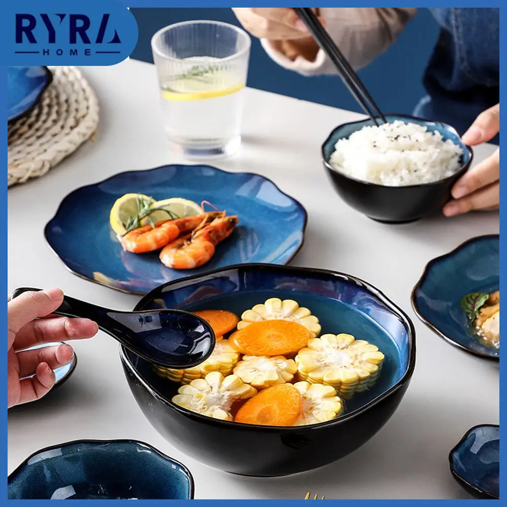 

Dinner Set Retro Space Star Dishes Dinnerware Ceramic Tableware Kitchen Utensils Salad Bowl Dipping Dish Blue Kiln Glaze Spoon