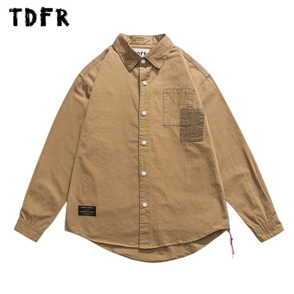 

Patch Cargo Shirts Mens Autumn Casual Loose Lapel Single Breasted Long Sleeve Curved Hem Shirts Men Top
