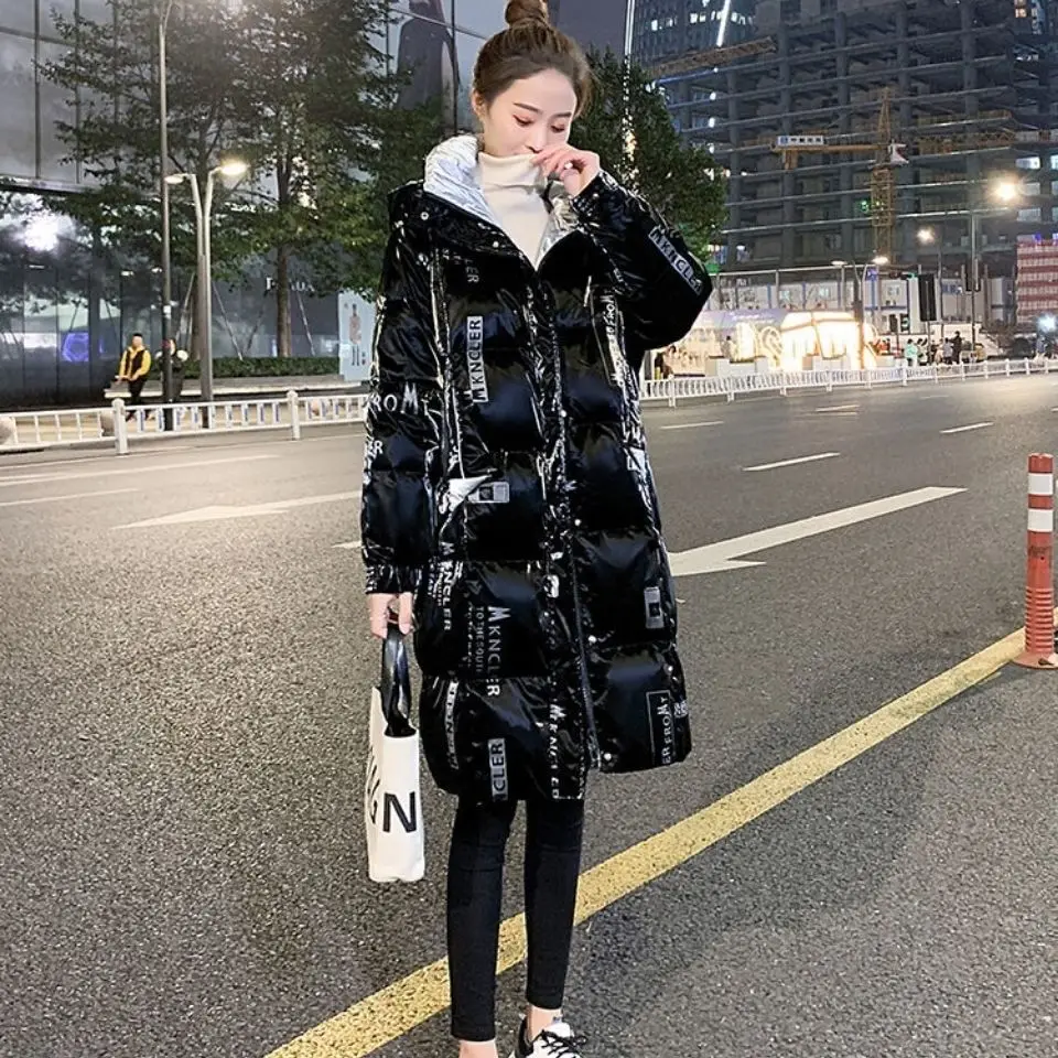 Warm Hooded Jacket Women's Clothing 2023 New Winter Glossy Cotton Print Coat Windproof Rainproof Thicken Long Parka Snow Jackets