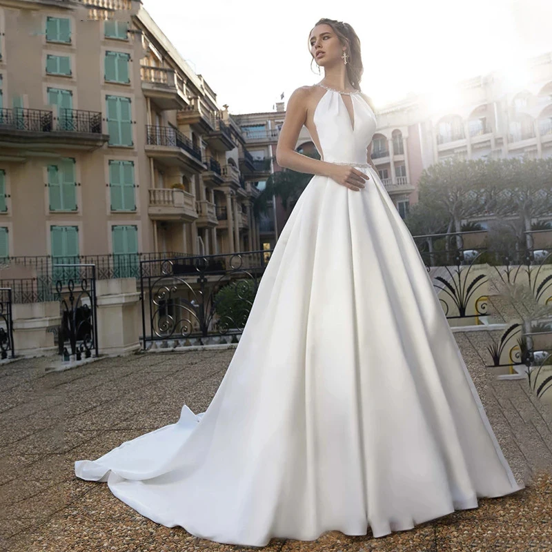 

A-line V-neck Sleeveless Backless Women's Wedding Dress Simple Sexy Formal Satin Elegant Fashion Custom Vestidos De Novia Newest