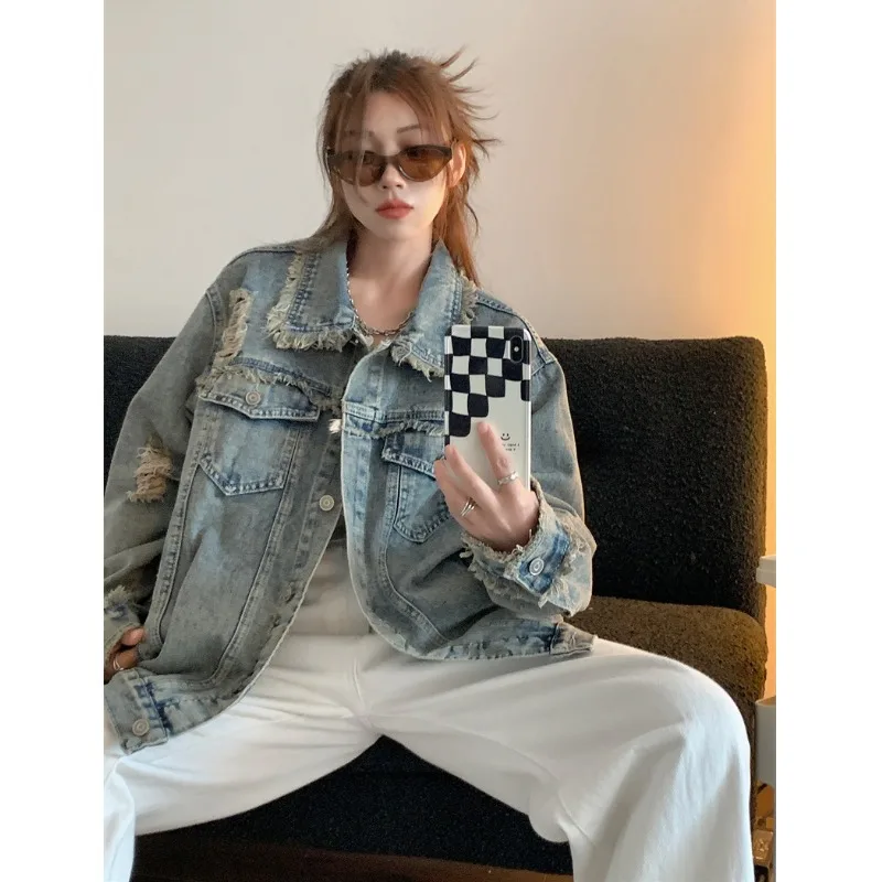 Женская короткая куртка с потертостями свободная винтажная в американском стиле