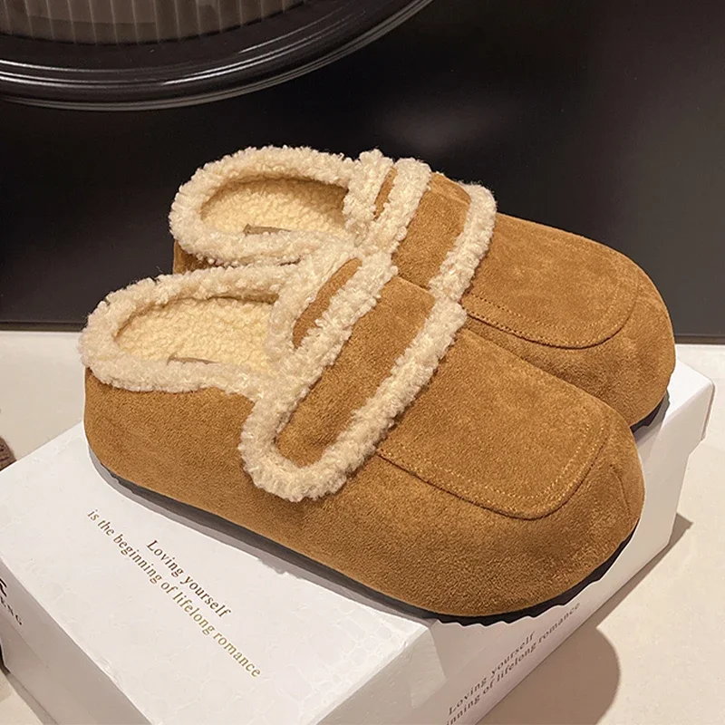 Женские меховые тапочки на плоской подошве замшевая обувь платформе зимние сабо
