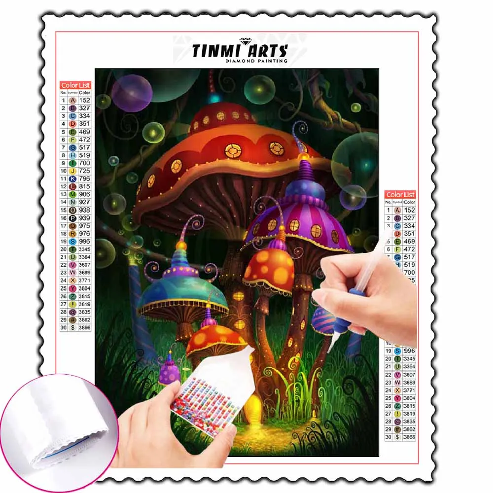 

5D DIY Poured Glue Diamond Painting Kits Scalloped Edge Colorful Mushroom House Wall Art Home Decoration Unique Gift Soft Canvas
