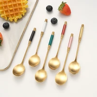 kitchen dessert spoon stainless steel coffee milk spoon with ceramic long handle spoon gold plated dessert spoon