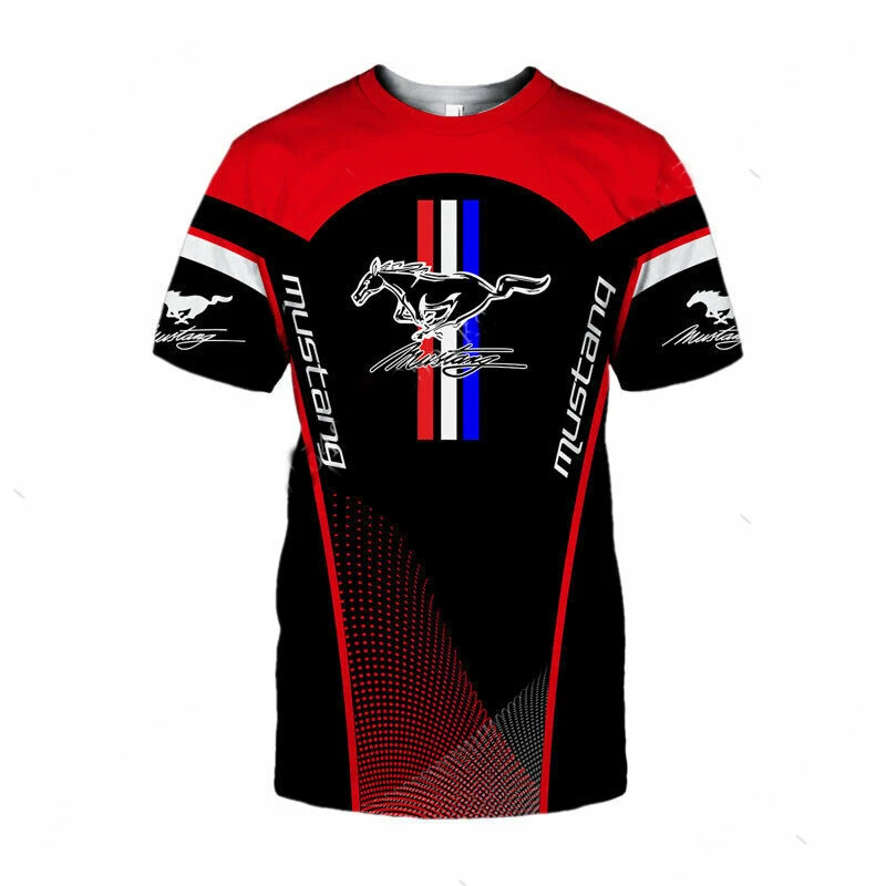 

Men's Racing Suit Mustang 3d Print T-shirt Extreme Sports Racing Shirt Red Blue Stripes Short Sleeve Racing Fan Club T-shirt