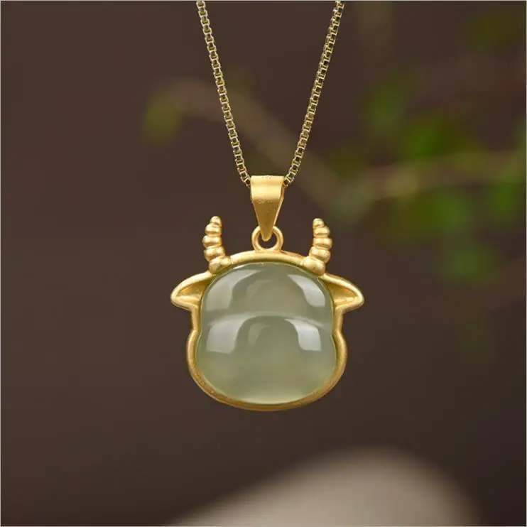 Подвеска буйвол из чистого натурального серого нефрита серебряное ожерелье с