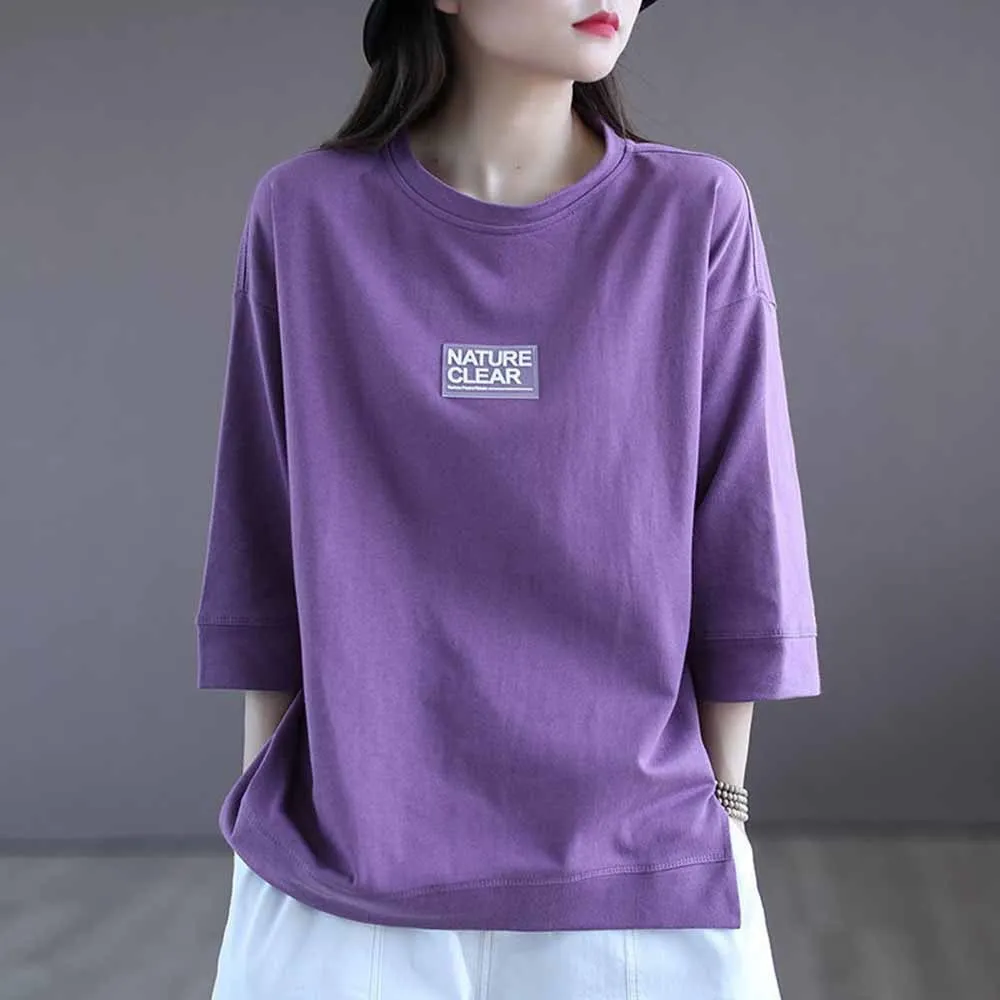 

100% Cotton New Arrival Summer Korean Style Women Loose Casual Three Quarter Sleeve O-neck T Shirt Letter T-shirt