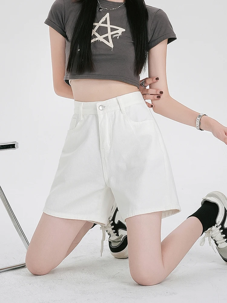 Women Vintage High Waist Loose Straight Denim Shorts Summer Streetwear Female Button Wide Leg Jeans Skirts Bottoms