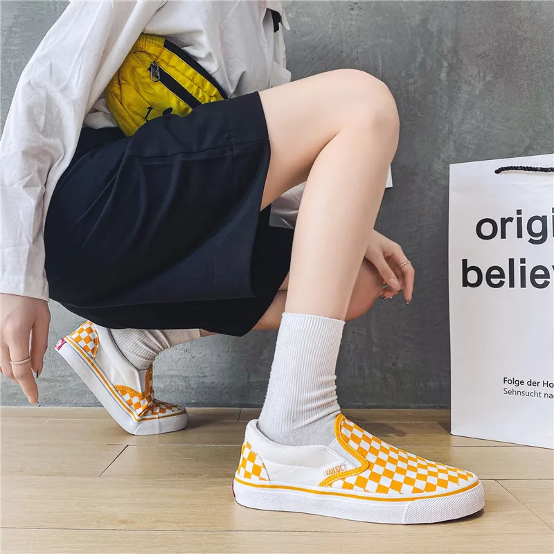 Womens Canvas Shoes Multicolor Checkerboard Design Female Slip-On Shoes Girls Flats 2023 New Fashion Sneakers Plus Size 35-44