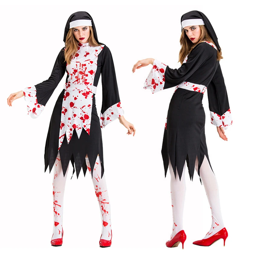 

Scary Bloody Nun Dress Cosplay Witch Horror Zombie Draculaura Halloween Costume for Woman Adult Fantasy Disfraz Cape Carnival