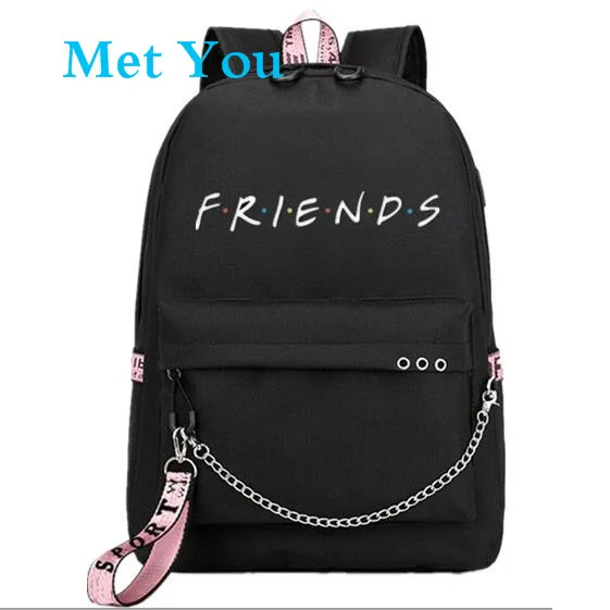 Друзья ТВ-шоу фанаты USB-порт рюкзак школьная сумка для книг Mochila дорожная цепочка