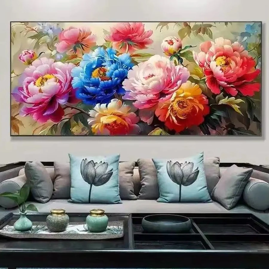 Алмазная мозаика пиона большого размера рисование красными розовыми синими