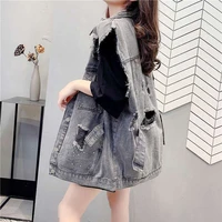 womens ripped denim vest jacket sleeveless tops korean fashion cropped cardigan loose designer high quality free shipping new