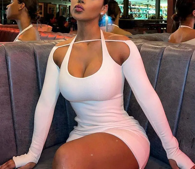 

2023 New Solid Color Sexy Bodycon Dress Women Long-sleeved Hanging Neck Hip Dress Vestidos De Mujer