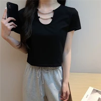 yingdingst casual short sleeve women t shirt solid y2k style round neck chain tees female streetwear crop top t shirt women