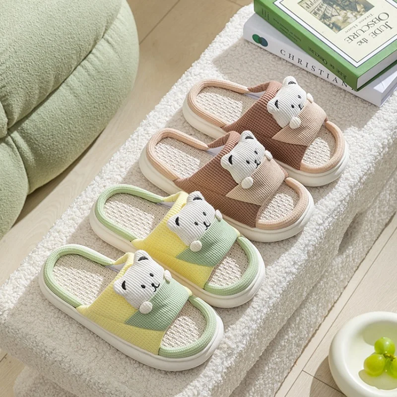 Women Cartoon Bear Decor Home Slippers Preppy Fabric Novelty Couple Casual Indoor Slides Soft Comfy Linen Open Toe Pink Shoes