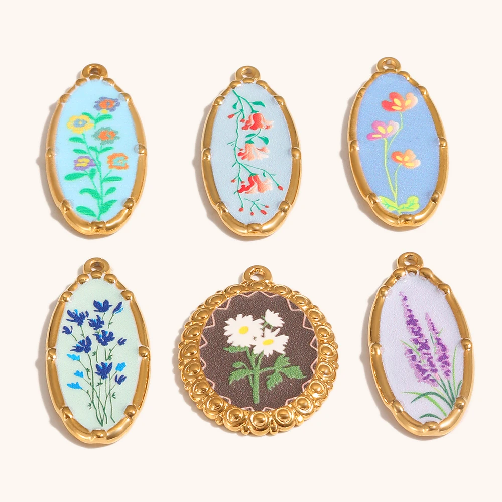 Фото Ла. Подвеска-шарм Muses Flower Oval из нержавеющей стали с PVD-покрытием под золото, модное украшение для ожерелья и браслета №2