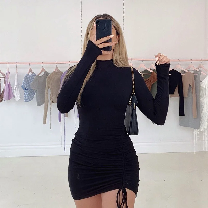 

2023 Sexy Party Long Sleeve Mini Dress Women Summer High Neck Purple Black Ruffles Beach Dresses For Woman Femme Robe Vestidos