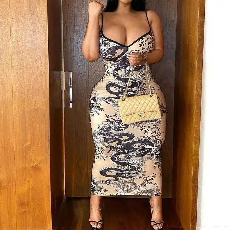 

Womens Clothing Summer Printed Sling Dresses Backless High Waist Sheath Slim Fit Long Dress