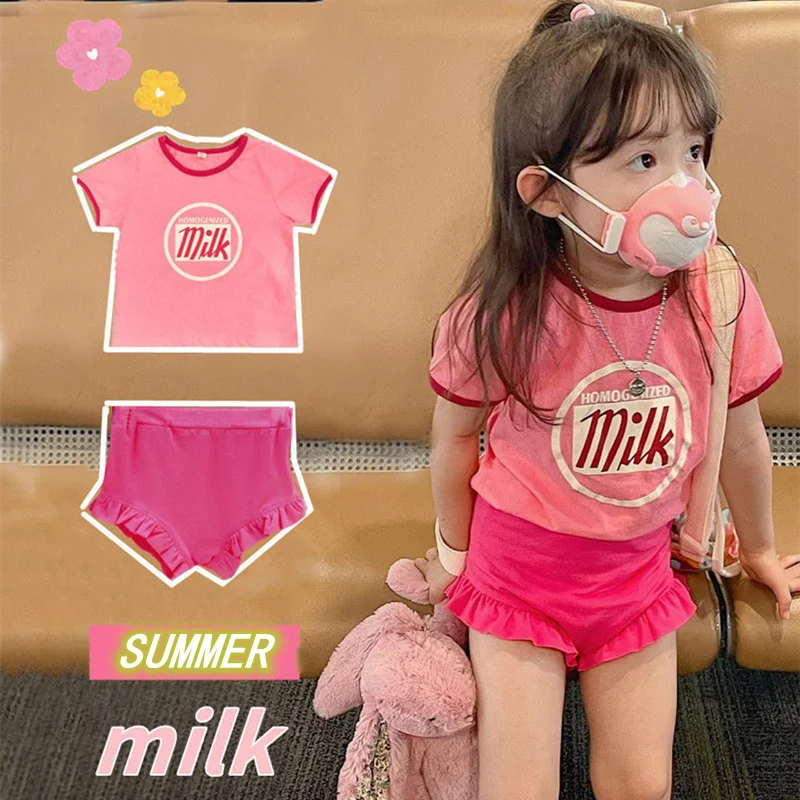 

2022 Summer Girls Clothes Fashion Children Set Contrast Top Letter Shirt Kids Hot Pants Shorts Cute Candy Picnic Beach Outfit
