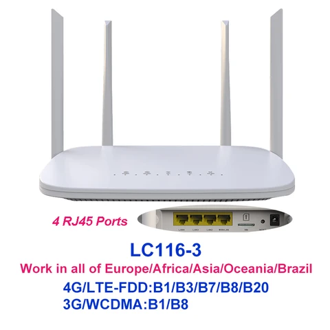Wi-Fi-модем TIANJIE, 4G, LTE, 4 порта RJ45, 4 внешних антенны, 5 дБи, со слотом для SIM-карты
