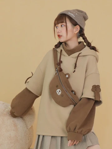 Harajuku Aesthetic Bear Anime Hoodie Women Korean Kawaii Crewneck Long Sleeve Oversized Streetwear Kpop Y2K Winter Clothes Tops