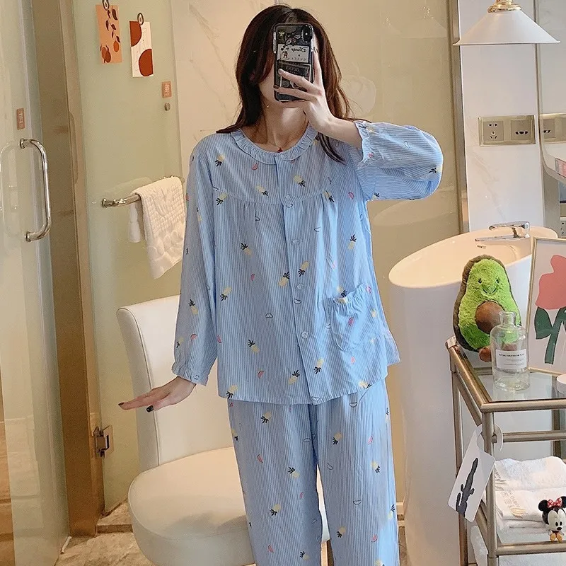 Spring Autumn Long Sleeves Ladies Nightdress Cotton Silk Trousers Women Lounge Pajamas Set