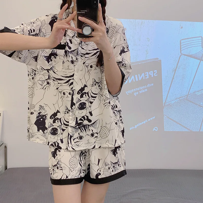 New summer pajamas female thin model imitation cotton short sleeve shorts cardigan lapel leisure home clothes set