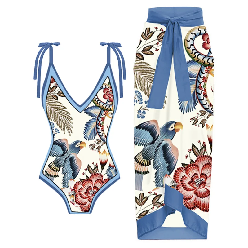 Colorful Printed String Strap Bikini Suit V Neck Gathering Sexy Backless Swimsuit Women Bow Cross Strap Beachwear Fashion