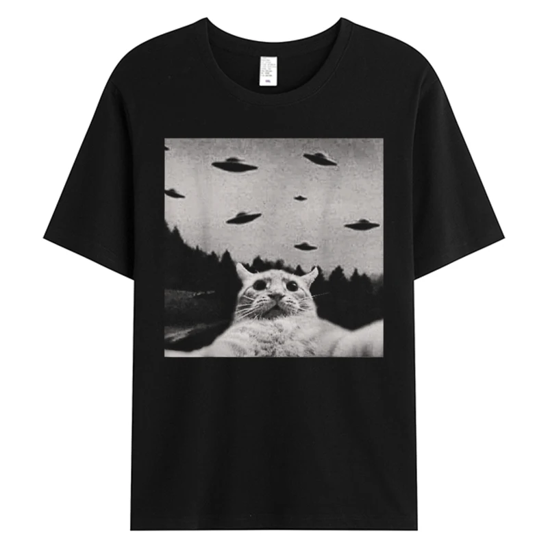 Фото Футболка Alien Cat UFO, мужские футболки из хлопчатобумажной ткани с принтом, футболка 5XL со скидкой, классический крой с круглым вырезом, черные топы для взрослых, футболки №1