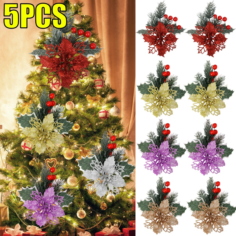 

Christmas Glitter Flowers Artificial Floral DIY Garlands Xmas Tree Ornaments New Year Fake Flowers Christmas Party Decorations