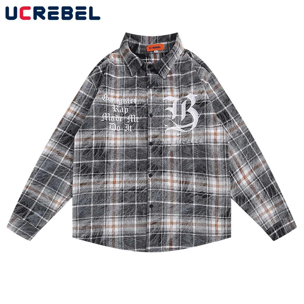 

Рубашка мужская с принтом в клетку, Повседневная Уличная одежда с вышивкой, с длинным рукавом, уличный кардиган, свободная рубашка с лацкана...