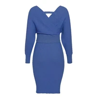 autumn winter sexy v neck women knitted skirt suits elegant party female sweater royal blue dress batwing sleeve ladies suit
