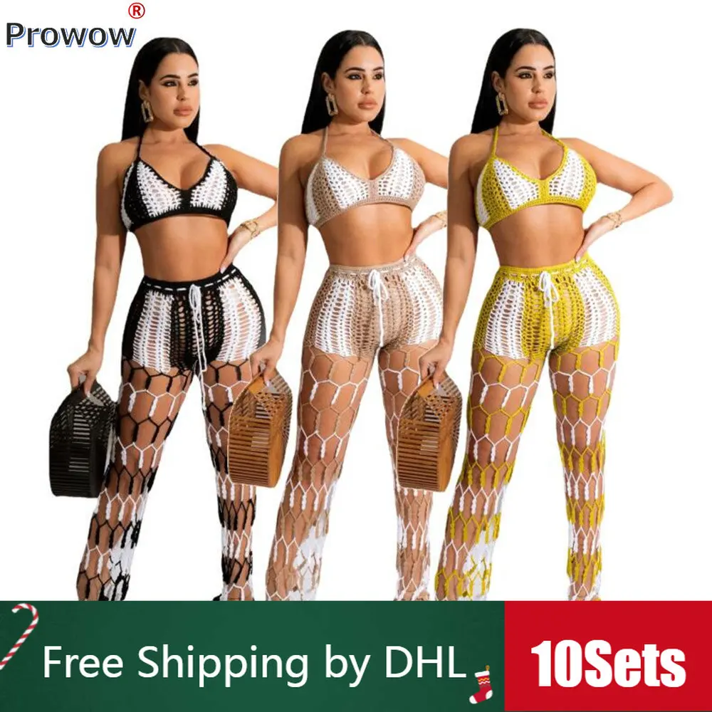 

Женский спортивный костюм из 2 предметов, вязаный крючком бюстгальтер на шнуровке и брюки с вырезами, 10 цветов, лето 2023