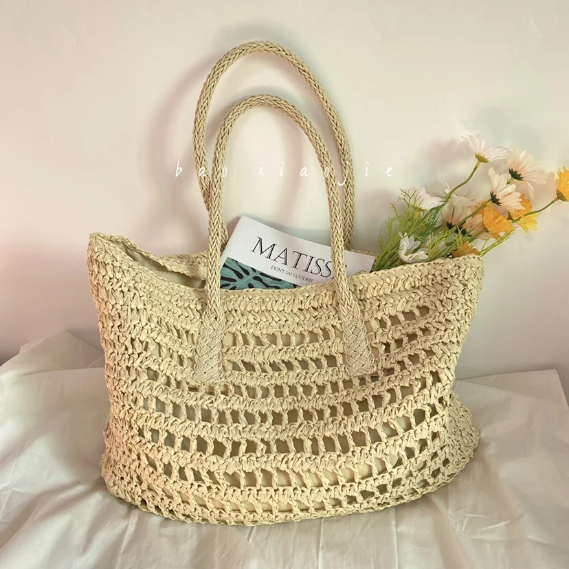 

High Capacity Large Summer Beach Straw Bags 2022 Simple Luxury Brand Fashion Travel Ladies Shoulder Handbags and Purses