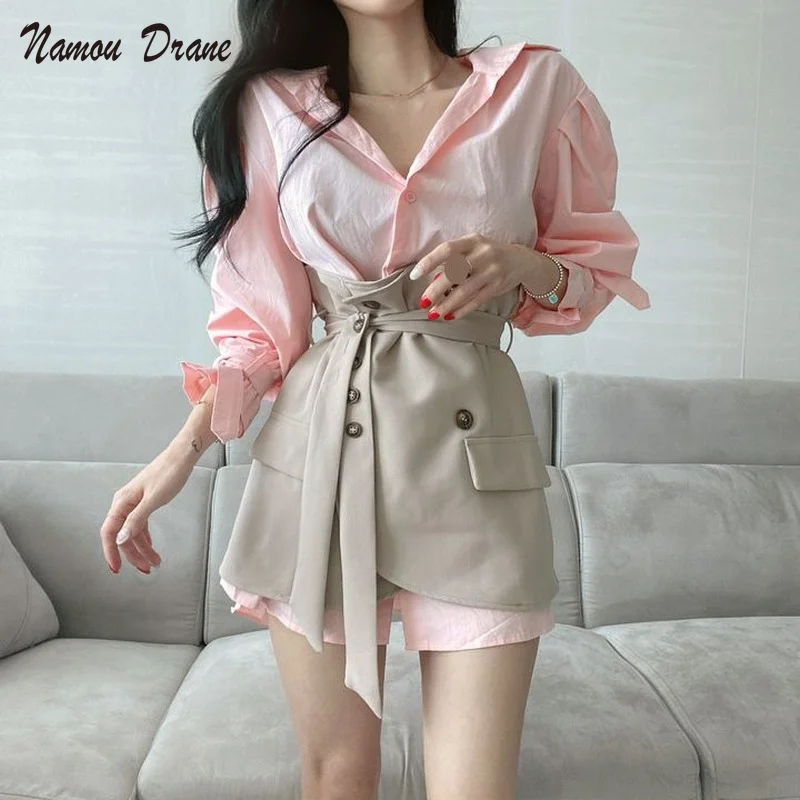

Korean Chic Two Pieces Set Women Elegant Outfits Lantern Sleeve Blouse + Bandage Asymmetrical Skirts 2022 Summer Fashion