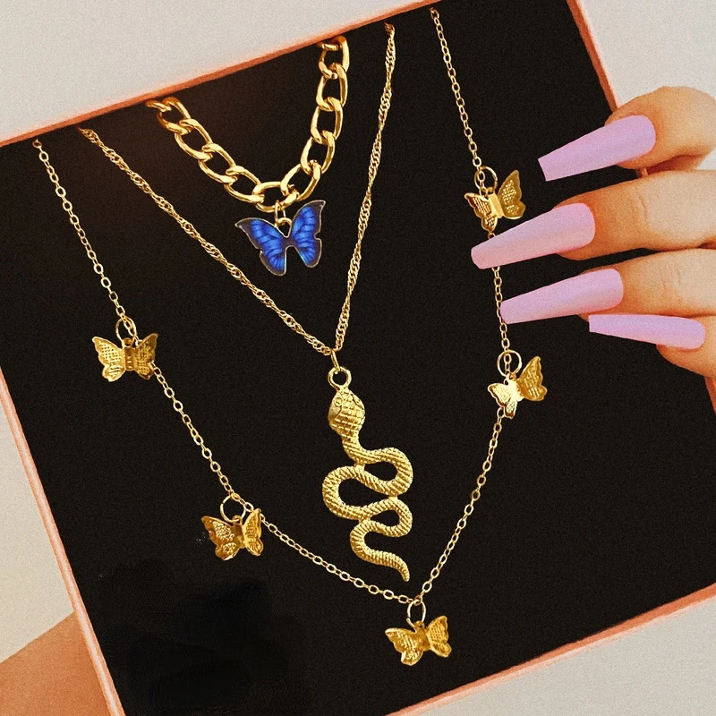 

New Multilayer Butterfly Dragon Charm Crystal Necklace Ladies Punk Gold Angel Clavicle Chain Hip Hop Gift Jewelry