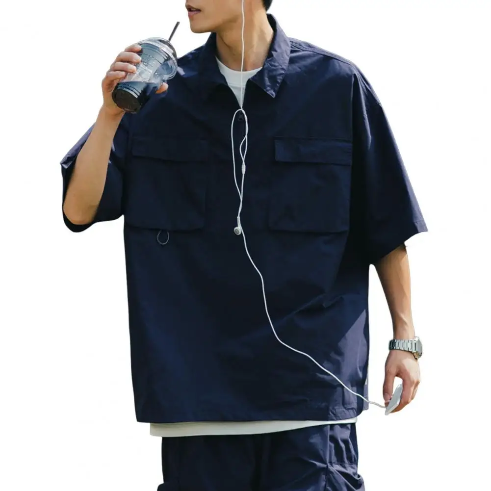 Рубашка мужская с карманами Свободная блуза полурукавами отложным воротником на