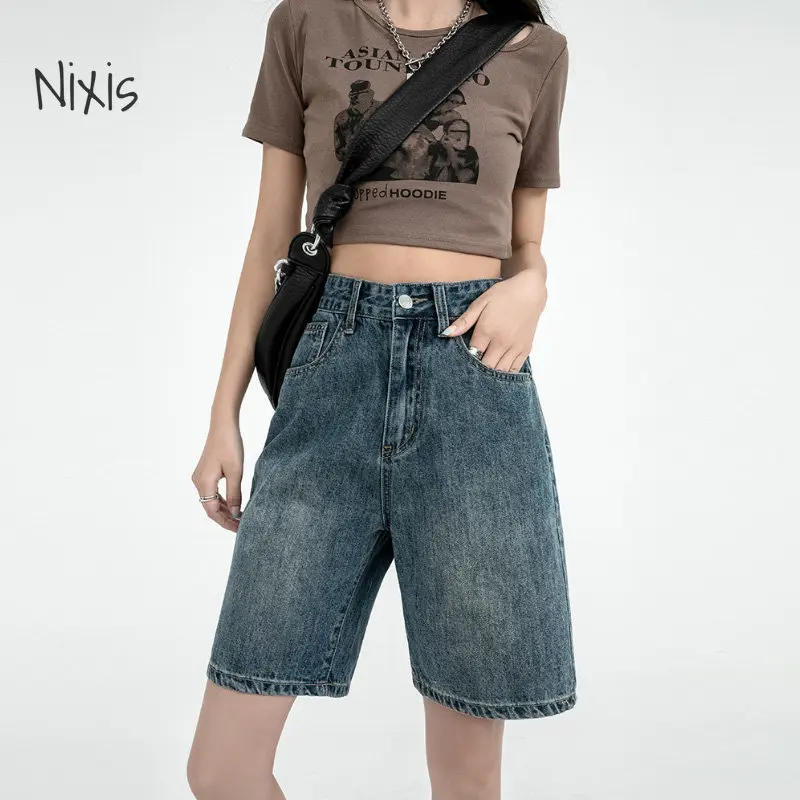 Retro Denim Shorts for Women Summer 2023 High Waist Five-point Pants Loose  Straight A-line Half Pants Korean Style Clothing