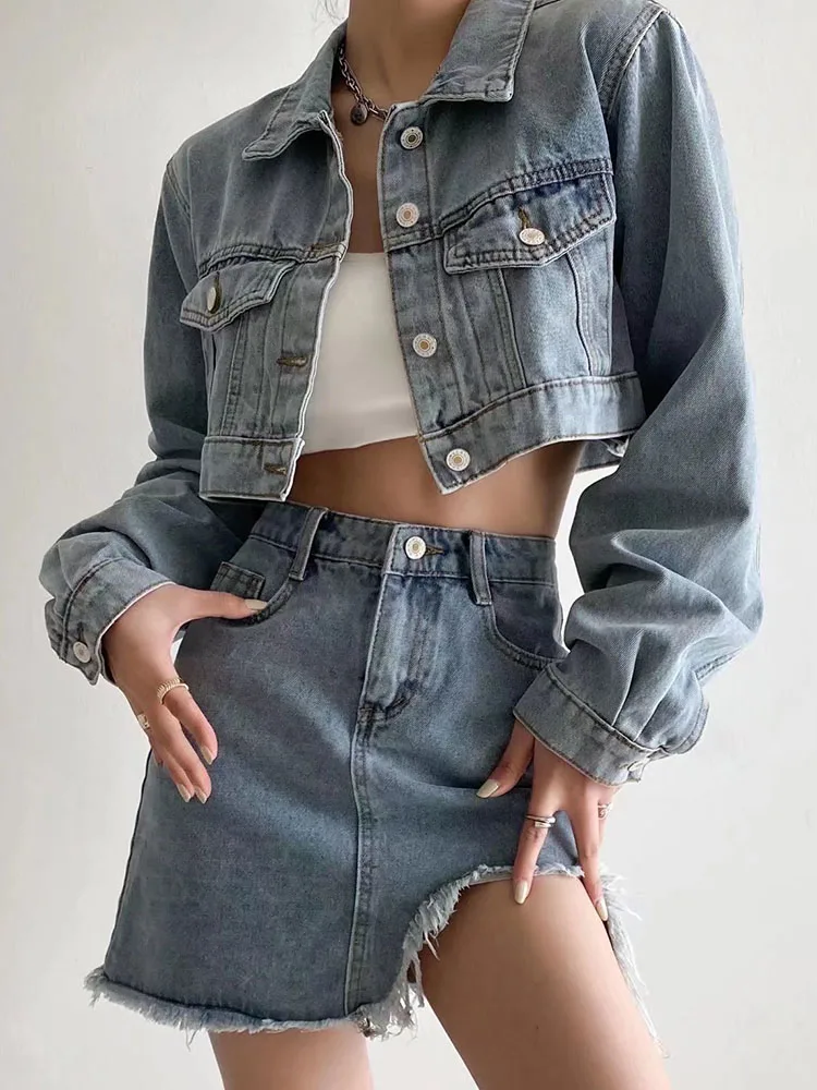 

DYLQFS 2022 New Women Lapel Short Denim Jacket Asymmetric Tassel Bag Hip Skirt Fashion European And American Summer Streetwear