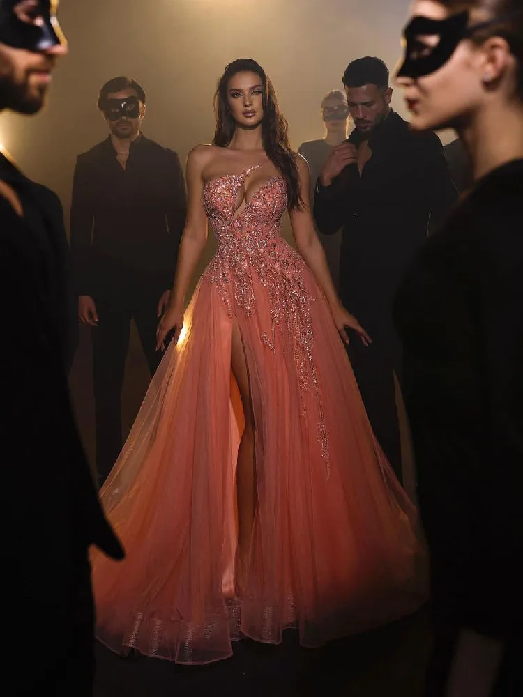 

Pink Sexy A-line Evening Dresses V Neck Sleevelesss Sequins 3D Lace Hollow Beaded Side Slit Appliques Prom Dresses Custom Made