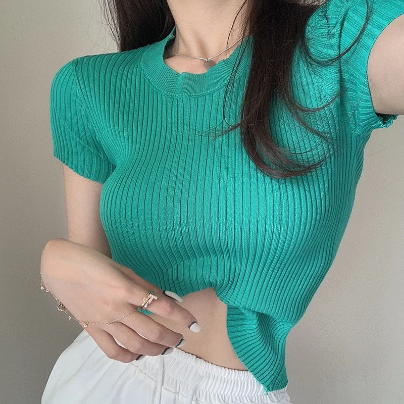 

All-match Korean style round neck short-sleeved knitted T-shirt top women's multi-color