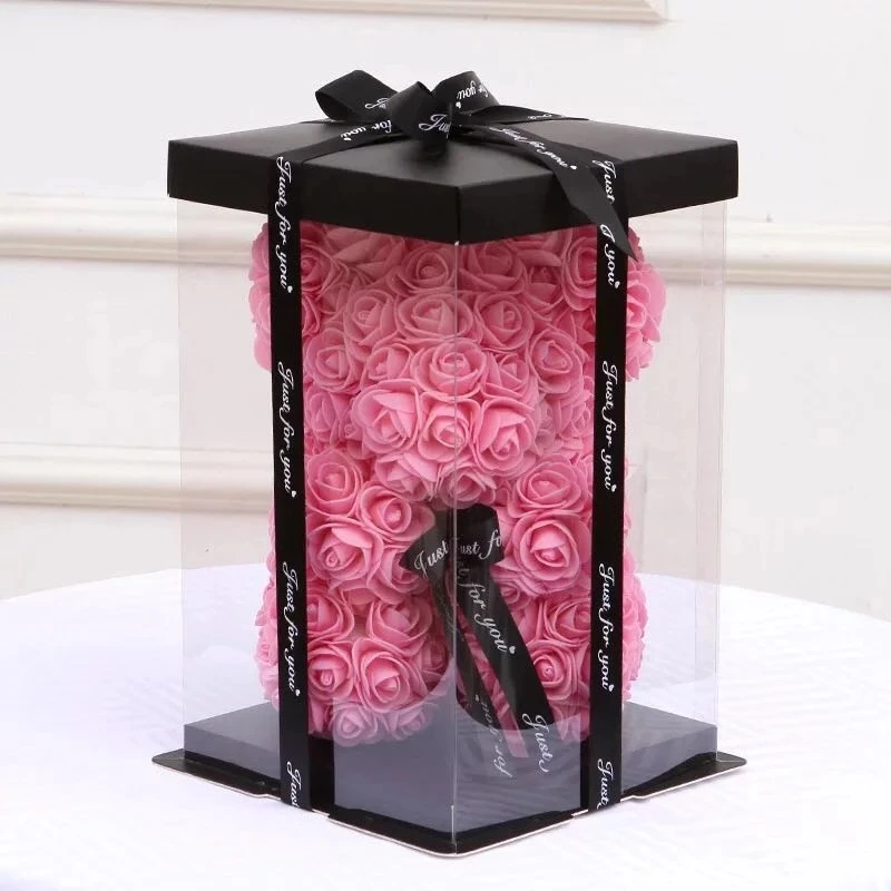 20/28cm Artificial Rose Foam Bear Transparent Box Valentine's Day Flower Gifts Cake Packing For Wedding Birthday Party Decor |