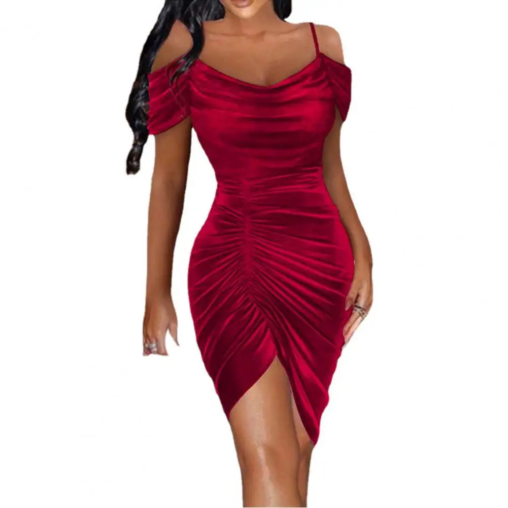 Women Dress Adjustable Sling Asymmetrical Hem Short Sleeve Hip Wrap Off Shoulder Ruched Velvet Bodycon Dress
