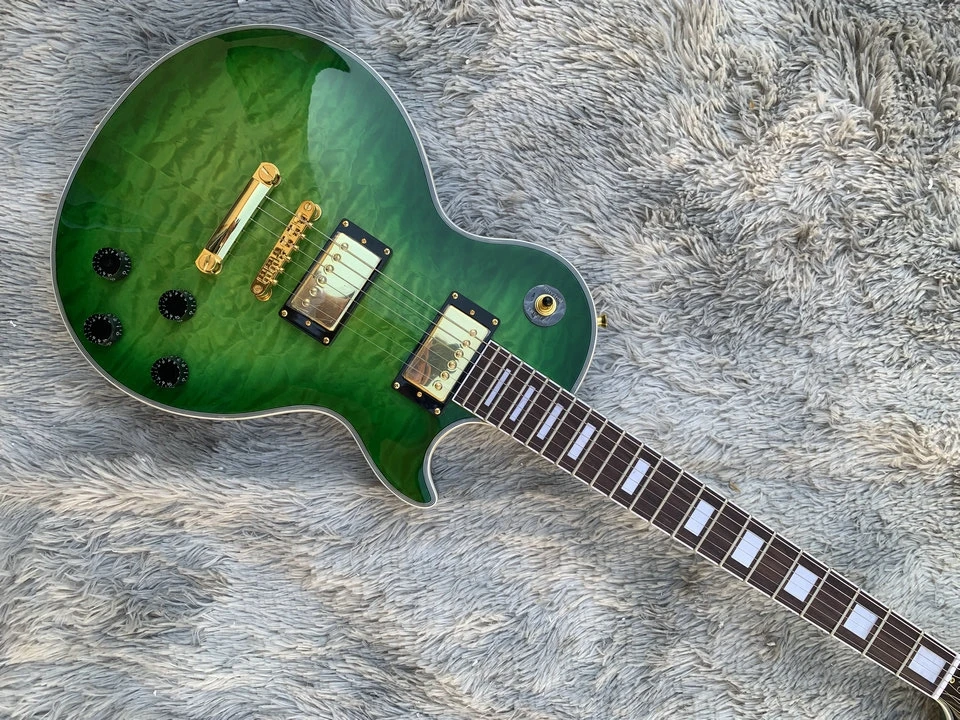 

In stock green color mahogany wood body with quilted maple top and neck LP electric guitar, we can customize the guitar