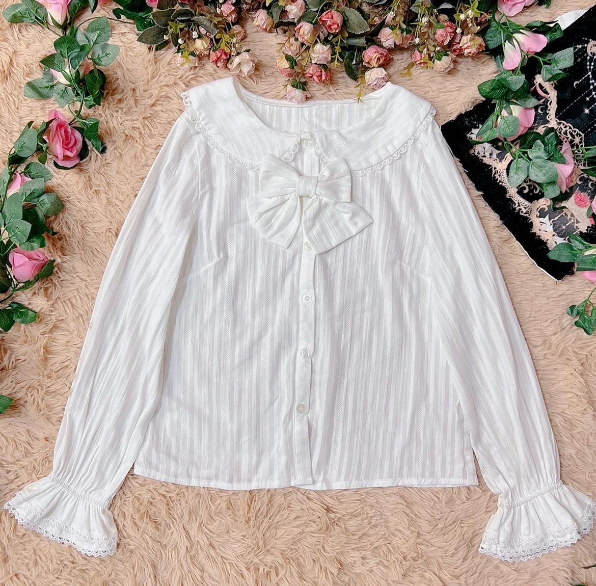 

100% Cotton Comfortable Women's Lolita Long Sleeve Peter Pan Collar Blouse Bow Pin Cute Shirt