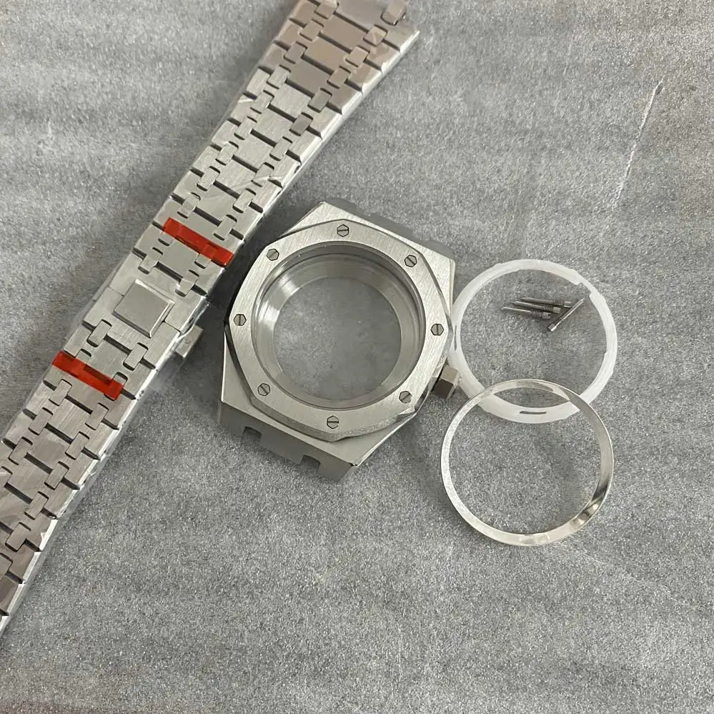 41mm Watch Case + Steel Band + Inner Shadow Circle Sapphire Glass Mirror Watch Accessory Set for NH35/ NH36/ 4R36 Movement
