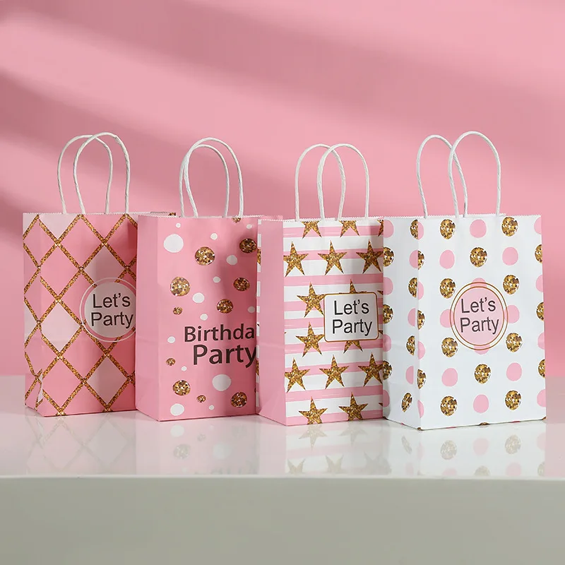 

6pcs Pink Kraft Paper Tote Bag Printed Paper Candy Gifts Packing Bags Wedding Birthday Party Decoration Festive Supplie